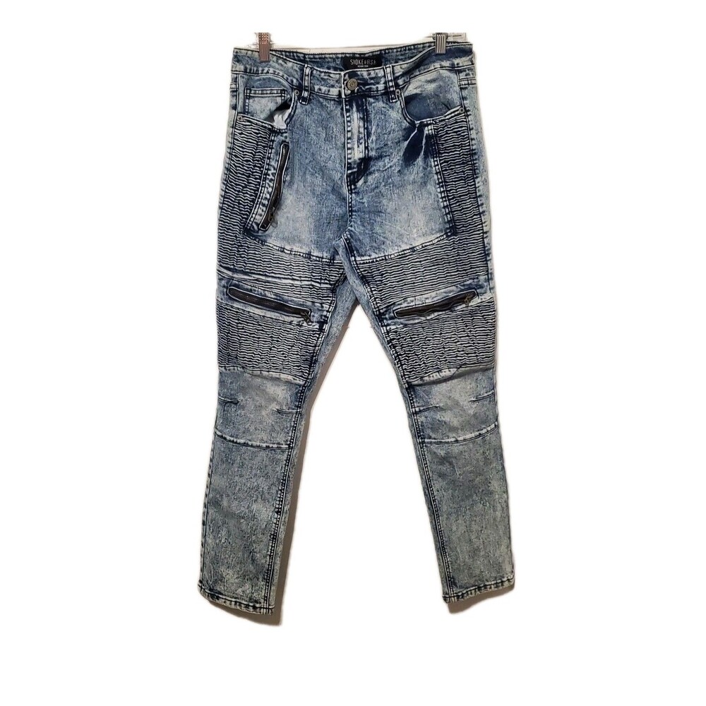 Smoke and Ash Acid Wash Denim Straight Leg Streetwear Blue Biker Moto Jeans 34
